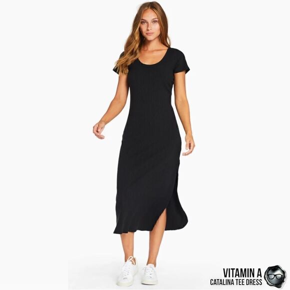 VITAMIN A CATALINA TEE LONG DRESS IN BLACK ORGANIC COTTON STRETCHY RIB KNIT MIDI - Picture 1 of 15